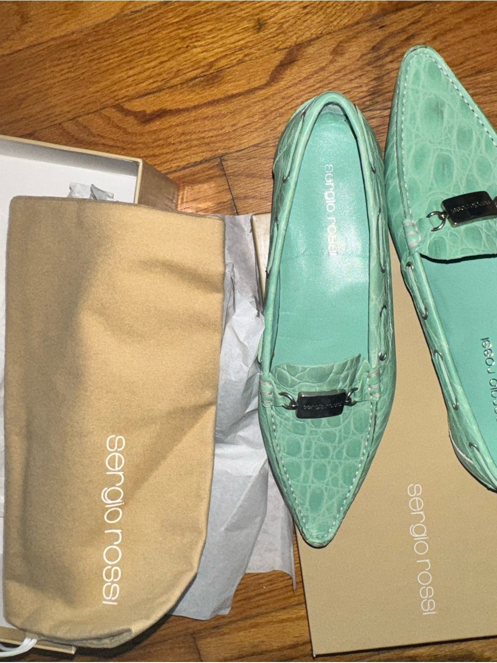 Sergio Rossi Mint Croc-Embossed Pointed Loafers
